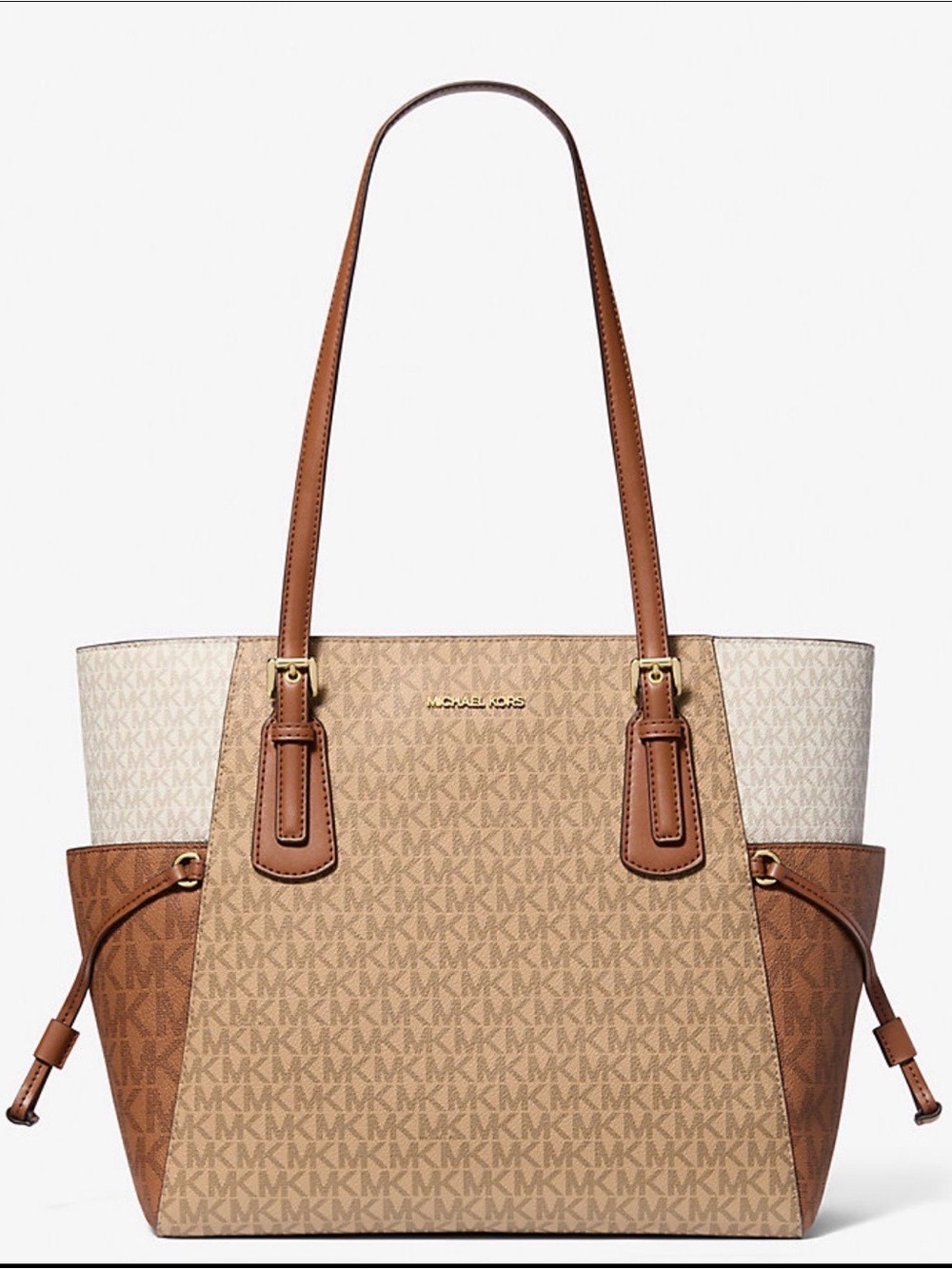 Michael Kors Camel Multi Voyager Large Color-Block Signature Logo Tote Bag